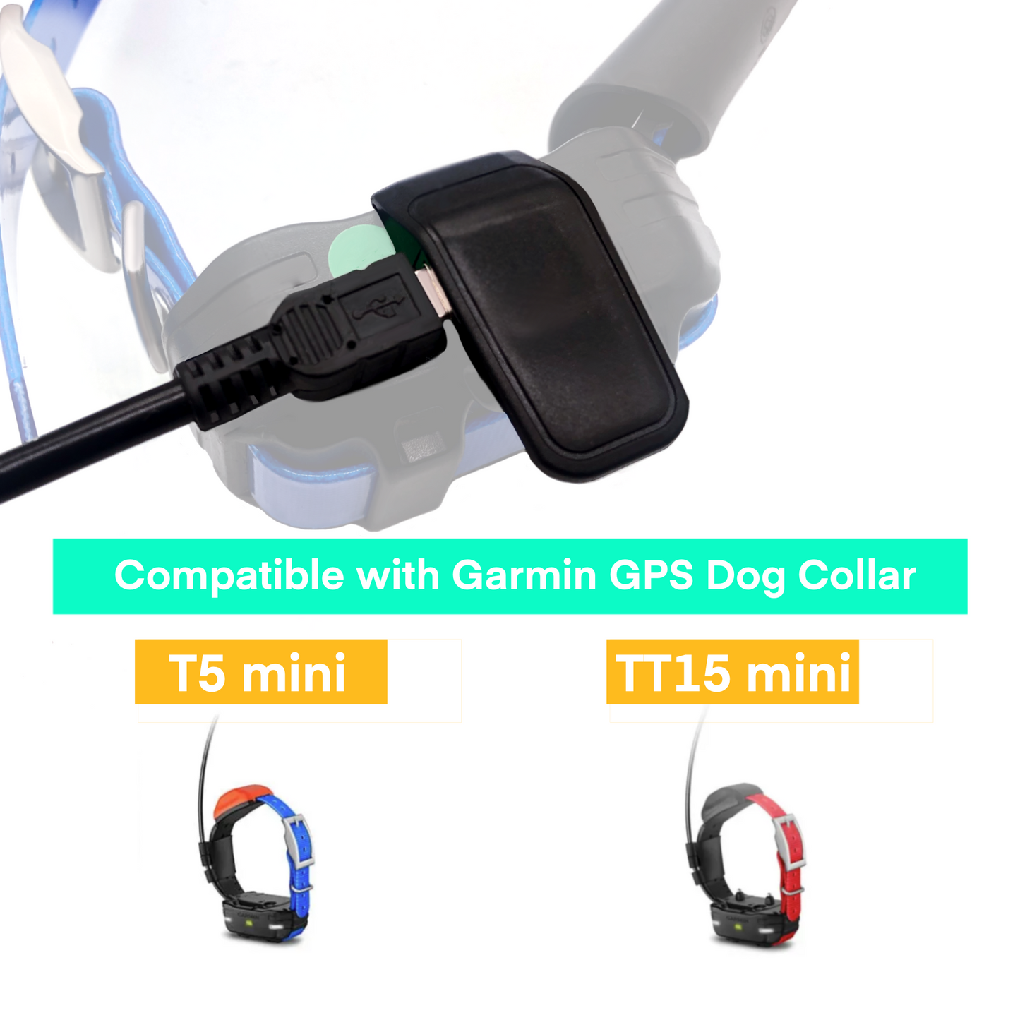 Charger Kit for Garmin Dog Collar T5 Mini, TT15 Mini, Dog Tracking Collar Replacement USB Charging Cable Clip, USB Plug.